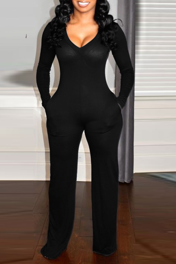 Zwarte sexy effen patchwork v-hals bootcut jumpsuits