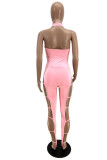 Pink Fashion Sexy Solid Hollowed Out Backless Halter Skinny Jumpsuits