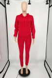 Red Casual Solid Draw String Hooded Collar Long Sleeve Two Pieces