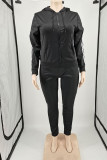 Black Casual Solid Patchwork Zipper Hooded Collar Plus Size Two Pieces