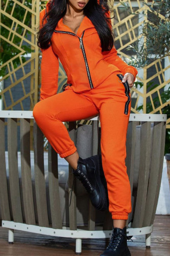 Tangerine Red Casual Sportswear Solid Patchwork Zipper Hooded Collar Long Sleeve Two Pieces