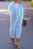 Tiefblaue, lässige, feste Bandage-Patchwork-Jeans mit hoher Taille und regulärer Denim