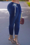 Mittelblaue, lässige, feste Bandage-Patchwork-Jeans mit hoher Taille und regulärer Denim