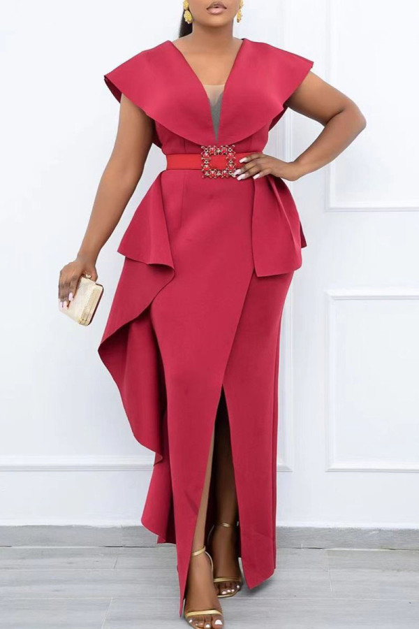 Vermelho elegante sólido patchwork babado com cinto assimétrico decote em V vestidos de saia de um passo