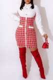 Rode casual geruite patchwork-jurken met kraag en gesp