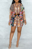 Многоцветный повседневный принт Пэчворк Платье-рубашка с отложным воротником и пряжкой Платья Платья