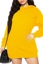 Желтые повседневные однотонные лоскутные платья с воротником с капюшоном и длинными рукавами