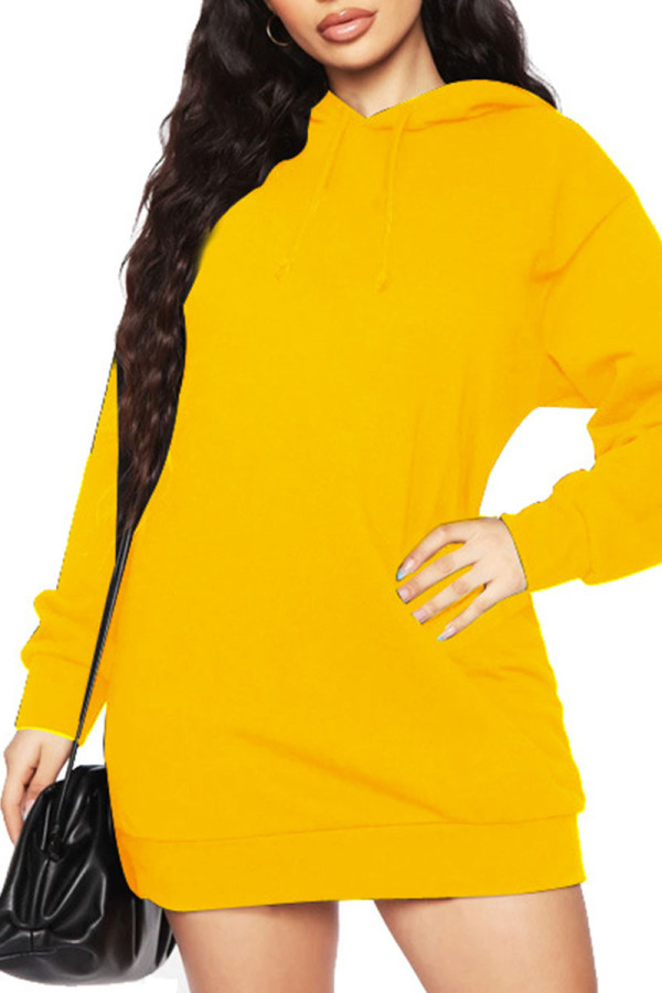 Gele casual effen patchwork-jurken met capuchon, kraag en lange mouwen