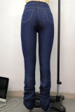 Deep Blue Casual Solid Patchwork Fold High Waist Regular Denim Jeans