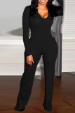 Black Sexy Solid Patchwork V Neck Boot Cut Jumpsuits