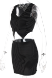 Черные сексуальные полосатые лоскутные изделия из двух частей с V-образным вырезом и без рукавов