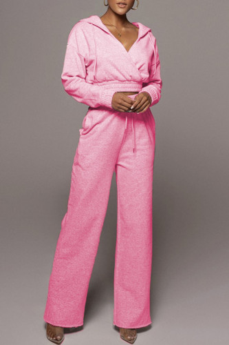 Pink Casual Solid Patchwork Hooded Collar Long Sleeve Two Pieces