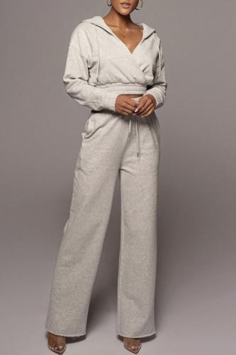 Grey Casual Solid Patchwork Hooded Collar Long Sleeve Two Pieces