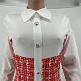 Vestidos casuais vermelhos xadrez patchwork com fivela e gola aberta