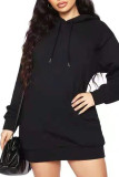 ブラック カジュアル ソリッド パッチワーク フード付き カラー ロング スリーブ ドレス