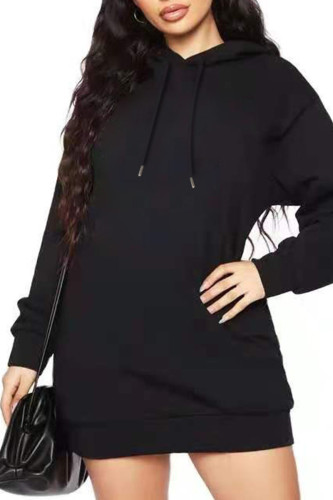 Black Casual Solid Split Joint Hooded Collar Long Sleeve Dresses