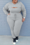 Grey Sexy Solid Patchwork O Neck Plus Size Three Pieces