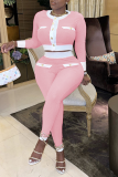 Pink Sexy Solid Buckle O Neck Long Sleeve Two Pieces