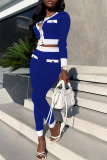 Blue Casual Solid Buckle O Neck Long Sleeve Two Pieces