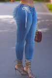 Hellblaue, lässige, solide Bandage-Patchwork-Jeans mit hoher Taille und regulärer Denim