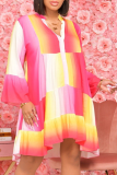 ピンク カジュアル プリント パッチワーク V ネック ケーキ スカート ドレス