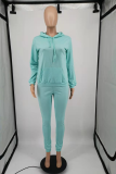 Water Blue Casual Solid Draw String Hooded Collar Long Sleeve Two Pieces