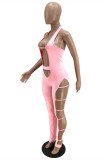 ピンク ファッション セクシー ソリッド くり抜き バックレス ホルター スキニー ジャンプスーツ