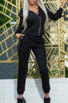 Abbigliamento sportivo casual nero Patchwork solido Cerniera Colletto con cappuccio Manica lunga Due pezzi