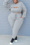Grey Sexy Solid Patchwork O Neck Plus Size Three Pieces