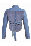 Светло-голубая сексуальная повседневная сплошная повязка с открытой спиной и отложным воротником, обычная джинсовая куртка с длинным рукавом