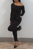 Black Casual Solid Patchwork Oblique Collar Regular Jumpsuits