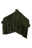 Abrigo de talla grande de cuello alto con borlas sólidas vintage de moda caqui