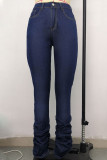 Deep Blue Casual Solid Patchwork Fold High Waist Regular Denim Jeans