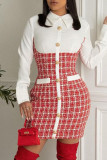 Vestidos casuais vermelhos xadrez patchwork com fivela e gola aberta