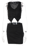 Black Sexy Striped Patchwork V Neck Sleeveless Two Pieces