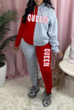 Red Casual Letter Print Patchwork Pocket Hooded Collar Long Sleeve Two Pieces