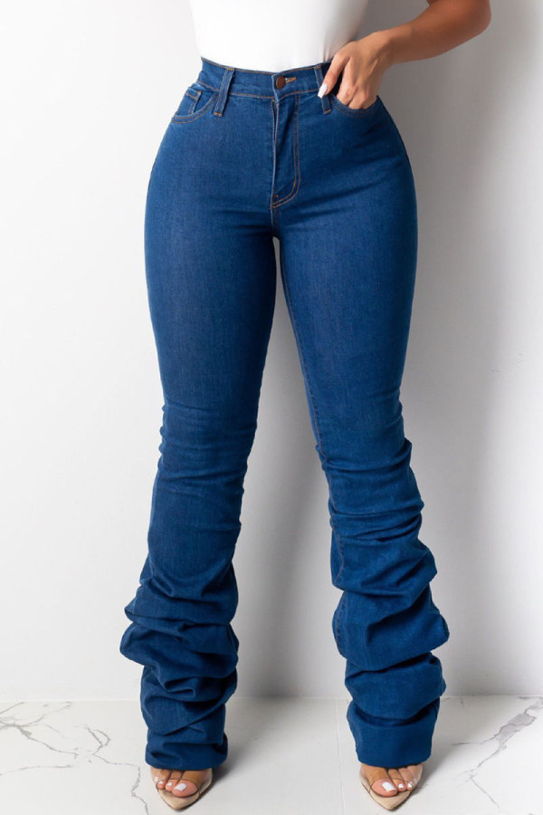 Deep Blue Casual Solid Patchwork Fold High Waist Regular Denim Jeans
