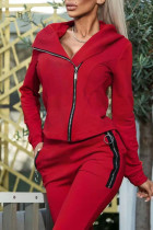 Röda Casual Sportswear Solid Patchwork Dragkedja Hoodkrage Långärmad Två delar