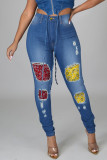 Синие повседневные рваные джинсы с уличным принтом в стиле «старый пэчворк» с высокой талией и обычными джинсовыми джинсами