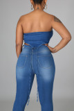 Синие повседневные рваные джинсы с уличным принтом в стиле «старый пэчворк» с высокой талией и обычными джинсовыми джинсами