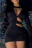 Черные сексуальные сплошные выдолбленные платья с круглым вырезом и юбкой-карандашом