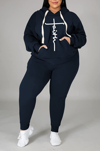 Blue Casual Print Patchwork Hooded Collar Plus Size Two Pieces