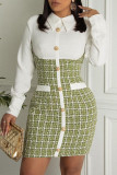 Groen Geel Casual geruite patchwork-jurken met gesp en kraag