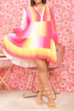 ピンク カジュアル プリント パッチワーク V ネック ケーキ スカート ドレス