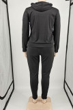 Black Casual Solid Patchwork Zipper Hooded Collar Plus Size Two Pieces