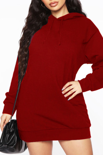 Burgundy Casual Solid Split Joint Hooded Collar Long Sleeve Dresses