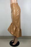 Хаки Модная повседневная однотонная лоскутная юбка с высокой талией и обычной талией
