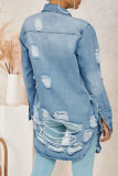 Veste en jean bleu clair mode casual solide déchiré cardigan col rabattu manches longues