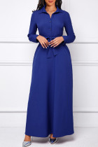 Blauwe mode casual effen basic turndown kraag jurken met lange mouwen