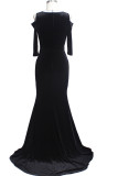 Черное элегантное однотонное вышитое выдолбленное вечернее платье в стиле пэчворк с круглым вырезом Платья